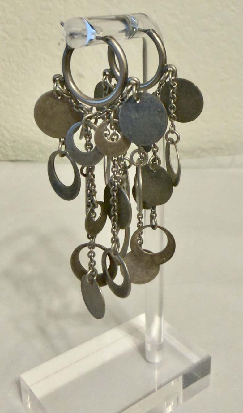 Vtg 2.5" Silver Tone Multi-Disc Chain Tassel Dangle Hoop Earrings